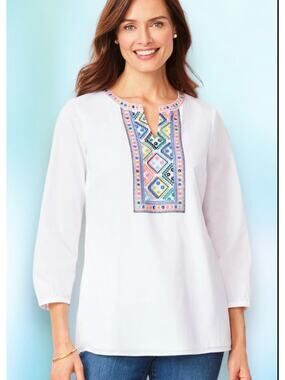 Talbots White Embroidered Cotton Voile Tunic Top Size Small Boho Ethnic Summer